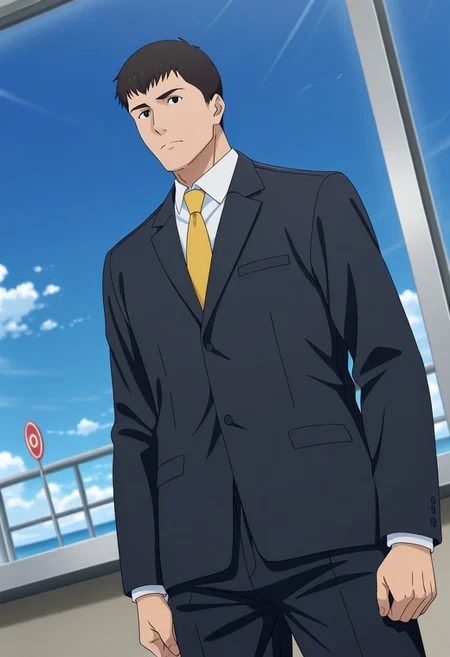 perfect anatomy, perfect proportions, best quality, masterpiece, high_resolution, high quality, best aesthetic, incredibly absurdres, highres, extremely detailed, huge filesize, solo male, adult, mature, masculine, manly, handsome, charming, alluring, upper body, dutch angle, cowboy shot, perfect face, source_anime \(Brave Bang Bravern\), anime coloring \(Brave Bang Bravern\), BBBSatake, Ryuji Satake, black hair, short hair, black eyes, hotel staff uniform, white shirt, yellow necktie, black hotel staff jacket, black pants, black shoes, outdoor