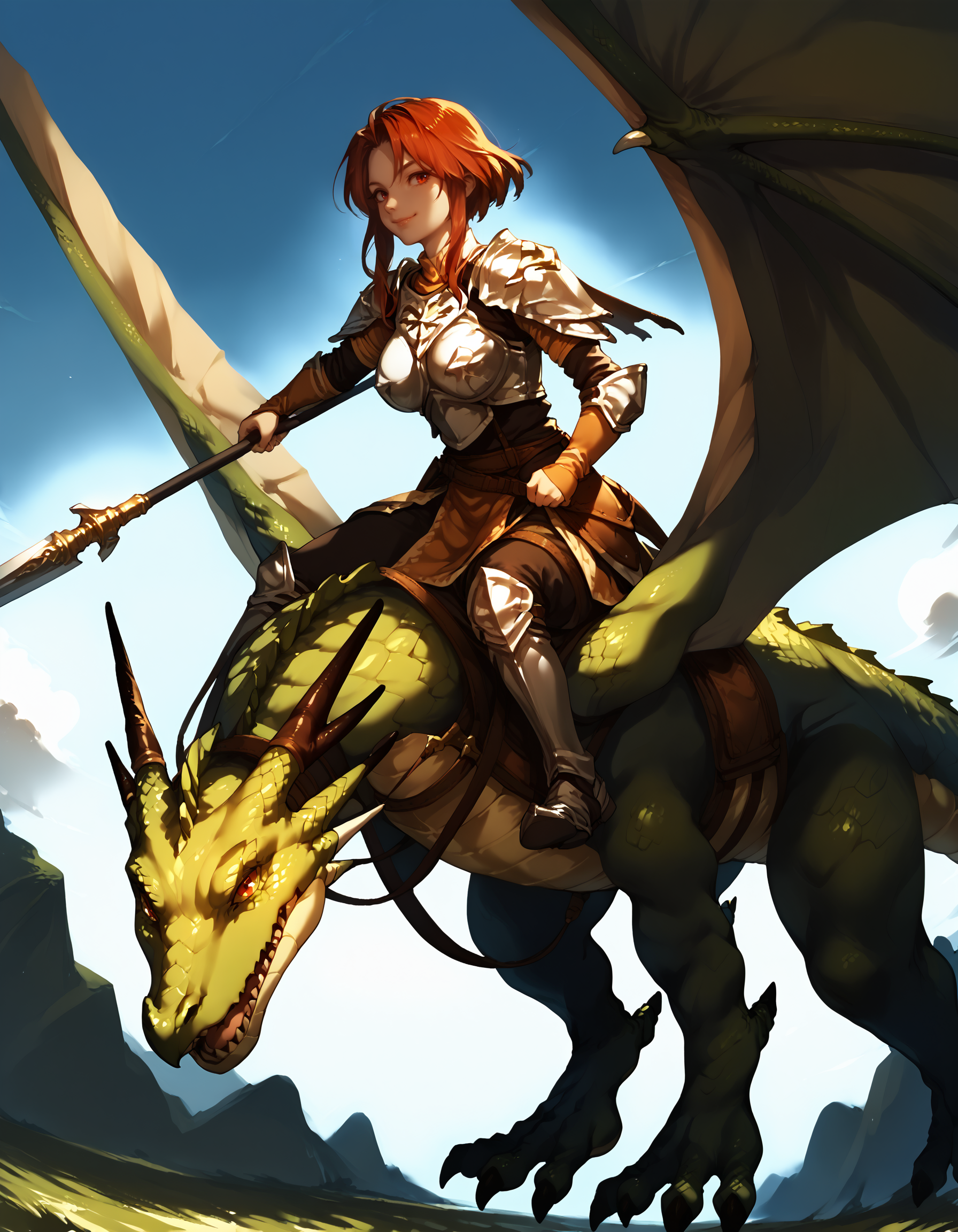 zPDXL3,<lora:Pony_DetailV2.0:1>,sky BREAK 1girl,1other,large breasts,closed mouth,
BREAK wyvern rider,dragon riding,dragon wings,knight,green dragon,polearm,holding polearm,holding weapon,flying,smile,<lora:wyvern rider-pony-v31:1>,from side,