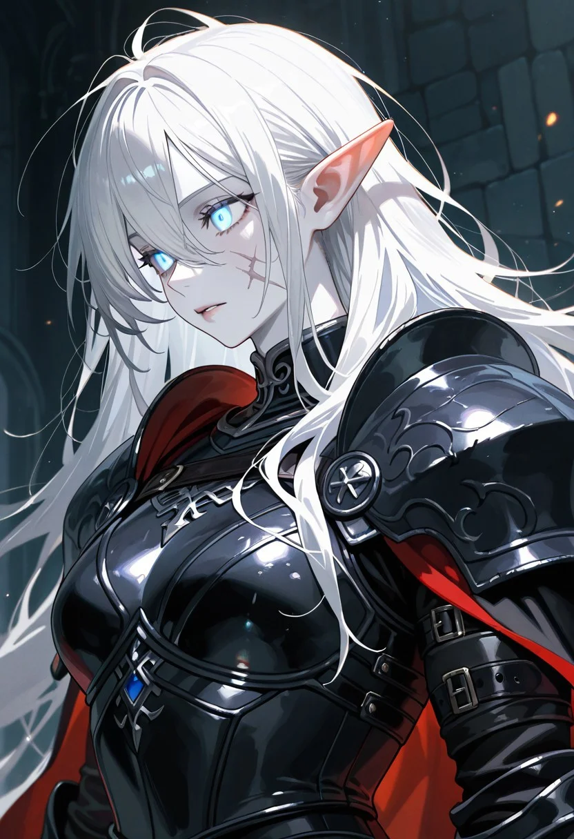 masterpiece, best quality, newest, absurdres, highres, GOTPV1.0, oil painting (medium),
1girl, pale, white skin, colored skin, pale skin, soft lips, glossy lips, elf, pointy ears, detailed eyes, glowing eyes, muscular woman, armor, cape, leather armor, scar, scars on face, white hair, long hair, messy hair, black armor, black leather,