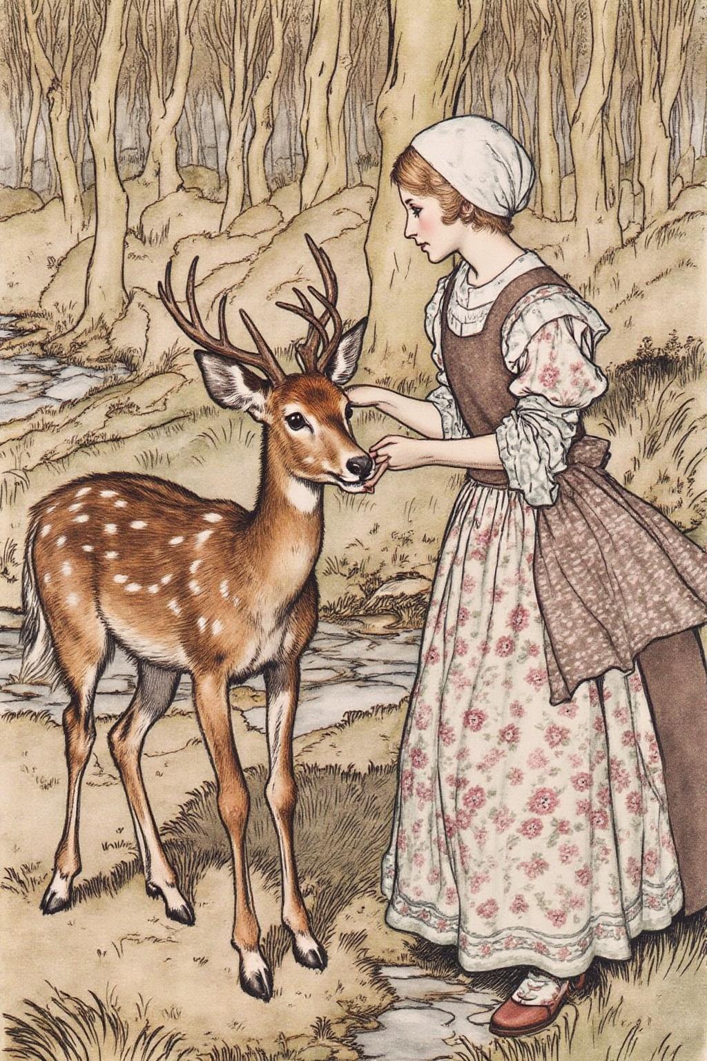 artrack1 illustration.
This image is a detailed, hand-drawn illustration in a style reminiscent of 19th-century watercolor and ink art. It depicts a serene, forest scene with a young girl and a deer. The girl, dressed in a white pinafore dress with a pink floral pattern, a brown apron, and a white headscarf, stands on the right side of the image. She is gently holding a deer's antler, which the deer, a doe, is leaning into, suggesting a moment of interaction or connection. The doe has a soft, brown coat with white spots and is positioned on the left side of the image, standing on a patch of grassy ground. <lora:artrack1_nocap_d6a3:1.0><lora:812479577847915701:0>