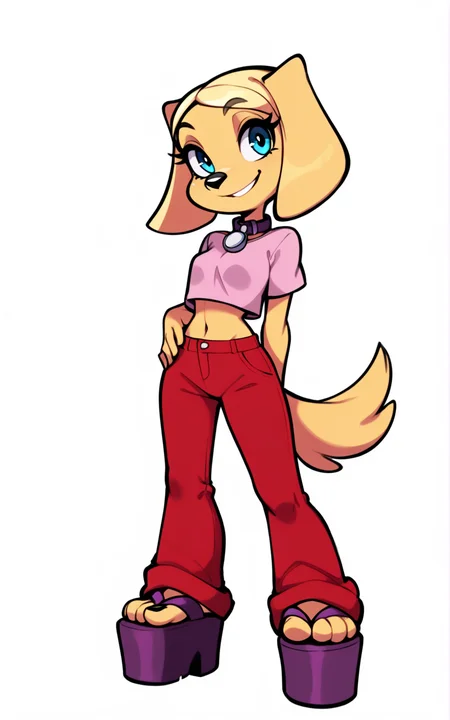 best quality, absurdres,full body, <lora:BolivanteStyleITS:0.8>, <lora:BolivanteStyle:0.8>, <lora:BHITS:0.8>, BHITS, purple sandals, platform footwear, red pants, pants, midriff, pink crop top, crop top, collar, furry, furry female, shirt, tail, animal ears, dog tail, dog ears, blonde hair, animal nose,blue eyes, solo, white background, slim, standing, furry, female furry, smile, looking at viewer, slim