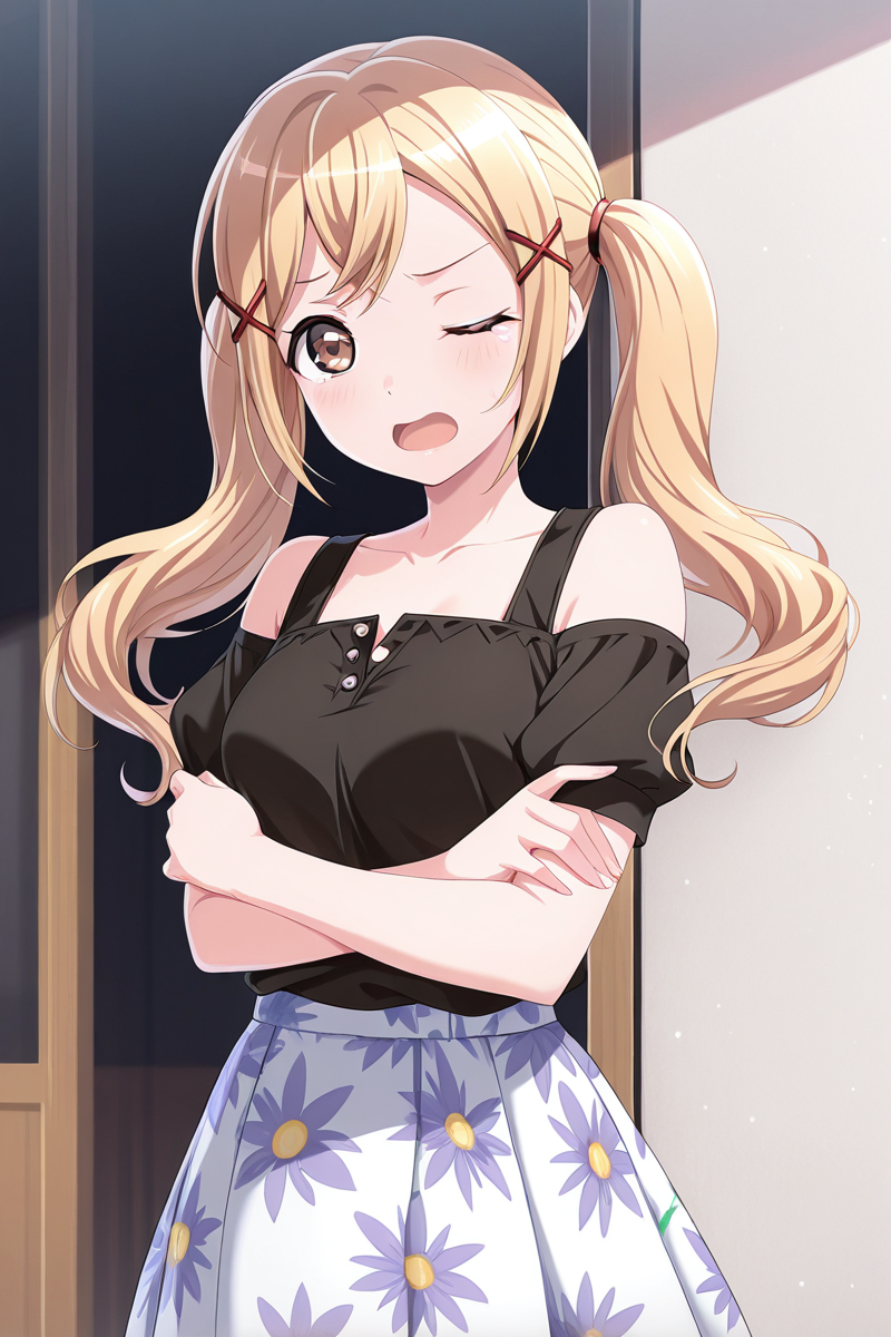 masterpiece, best quality, amazing quality,
 <lora:Arisa_IL:1> arisa, solo, 1girl, twintails, hair ornament, skirt, x hair ornament, one eye closed, looking at viewer, brown eyes, shirt, black shirt, crossed arms, blonde hair, long hair, open mouth, floral print, collarbone, casual