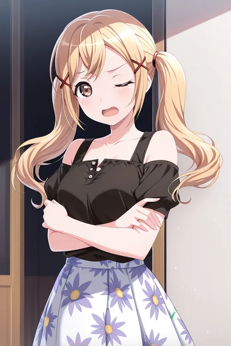 masterpiece, best quality, amazing quality,
 <lora:Arisa_IL:1> arisa, solo, 1girl, twintails, hair ornament, skirt, x hair ornament, one eye closed, looking at viewer, brown eyes, shirt, black shirt, crossed arms, blonde hair, long hair, open mouth, floral print, collarbone, casual