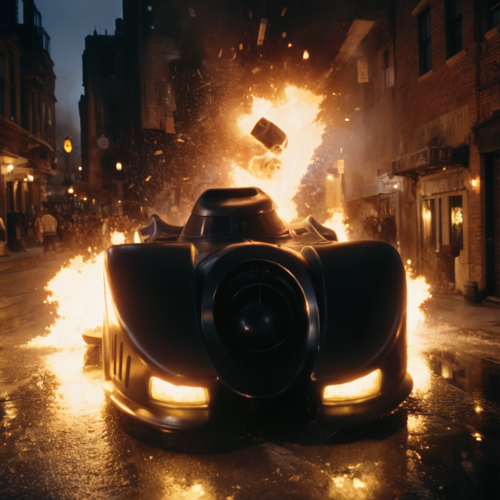 cinematic film still of  <lora:Batmobile 1989:1>
Batmobile 1989 a car is on fire in a city,batman car,gotham city,no humans,fire,ground vehicle,motor vehicle,reflection,car,explosion,vehicle focus,debris,destruction,sports car , realistic, sharp, detailed, classic, 1980's, gothic, photography, artistic, perfection, shallow depth of field, vignette, highly detailed, high budget, bokeh, cinemascope, moody, epic, gorgeous, film grain, grainy