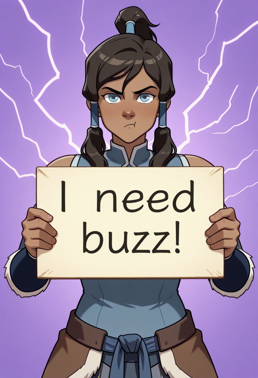 korra, the legend of korra, need_buzz, holding sign. background of purple lightning. pouting face