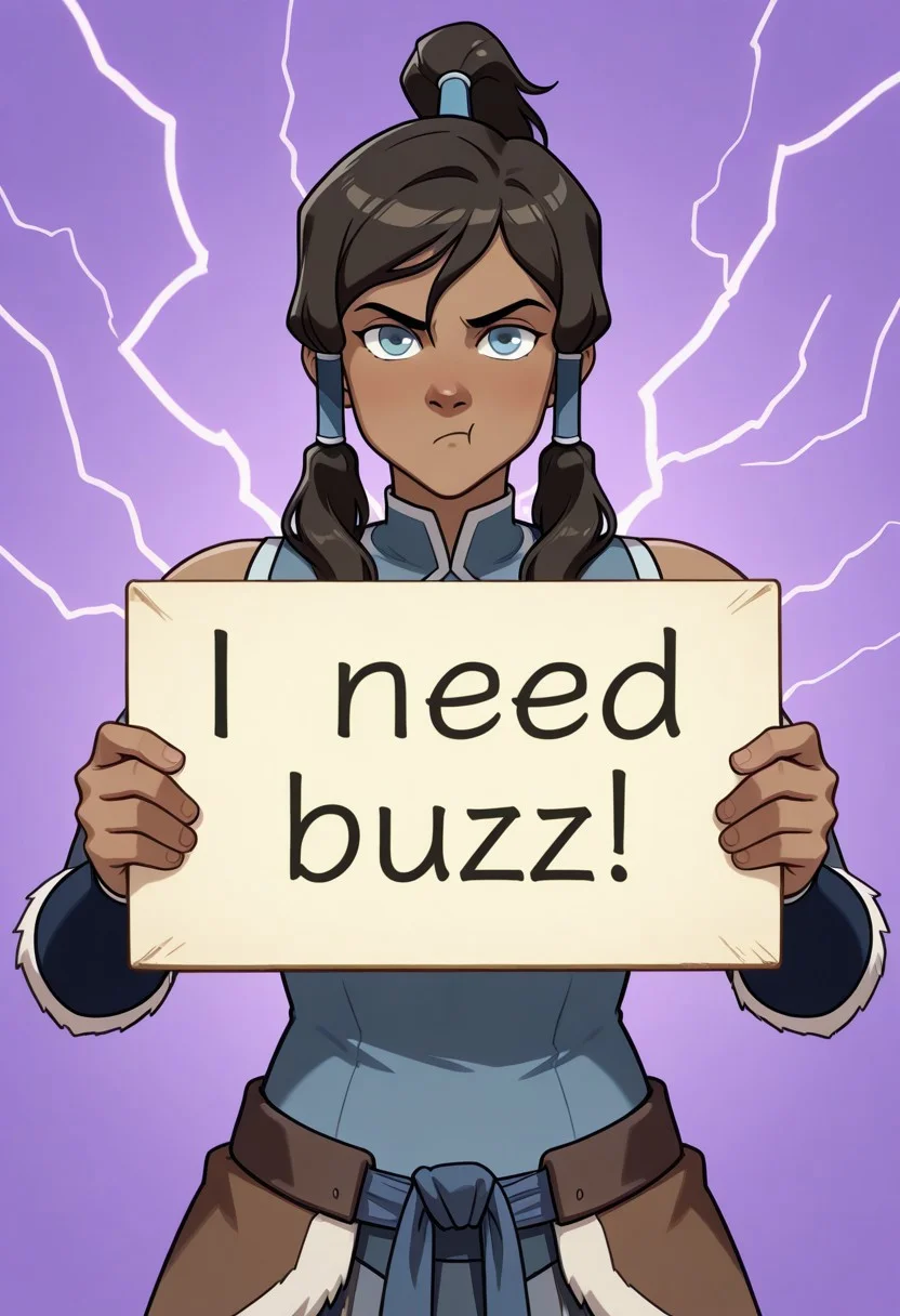 korra, the legend of korra, need_buzz, holding sign. background of purple lightning. pouting face