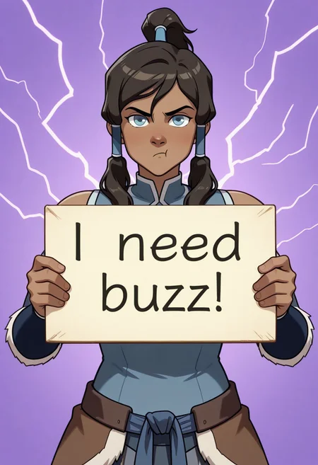 korra, the legend of korra, need_buzz, holding sign. background of purple lightning. pouting face