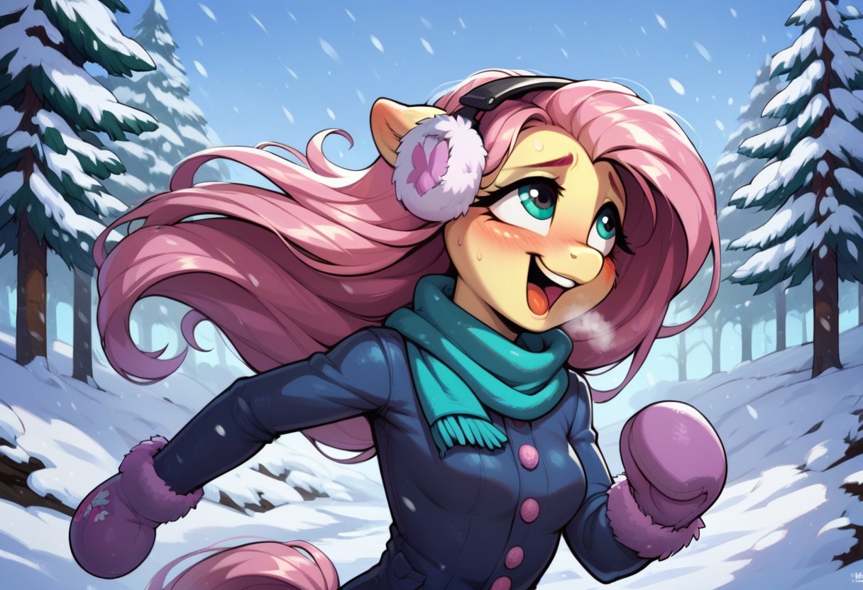 score_9, score_8_up, score_7_up, score_6_up, semi-realistic artwork, detailed background, high quality, vibrant colors, best quality rendering, intricate details, high resolution, sharp focus, best render quality, (background-winter forest, snow, day, snowing), close up view, focus on face,
1girl, solo, Fluttershy (anthro pony), 18 yo, long hair, narrow shoulders, skinny, shiny skin, small perky breasts,
wearing a winter coat, scarf, mittens, fluffy winter earmuffs,
dynamic pose, running, looking up,
shy, blush, blushing, embarrassed, happy, laughing, hot breath,