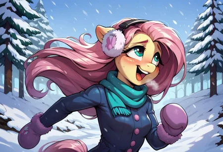 score_9, score_8_up, score_7_up, score_6_up, semi-realistic artwork, detailed background, high quality, vibrant colors, best quality rendering, intricate details, high resolution, sharp focus, best render quality, (background-winter forest, snow, day, snowing), close up view, focus on face,
1girl, solo, Fluttershy (anthro pony), 18 yo, long hair, narrow shoulders, skinny, shiny skin, small perky breasts,
wearing a winter coat, scarf, mittens, fluffy winter earmuffs,
dynamic pose, running, looking up,
shy, blush, blushing, embarrassed, happy, laughing, hot breath,