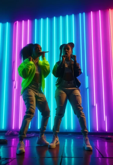 D4NC3RS, two (black women) standing in front of a neon colored wall, rapping, hip hop style, cinematic angle, cinematic lighting, best quality, masterpiece, masterpiece, detailed Nikon X3460, cinematic angle, cinematic lighting, hyperdetailed photography, soft light,(OverallDetailXL:1.55)