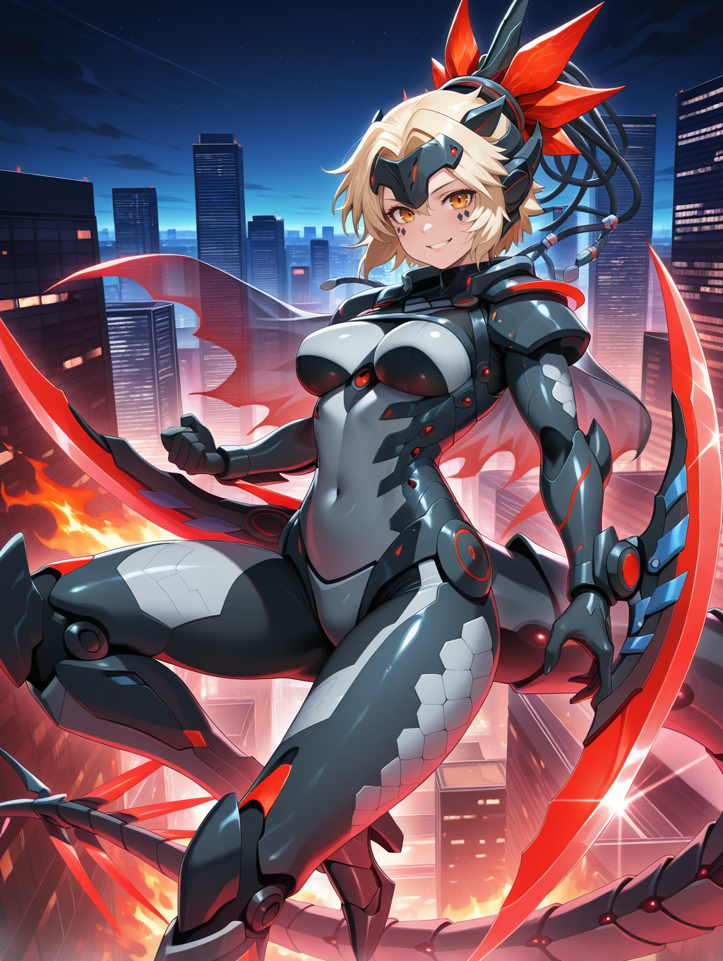 dinomorphia kentregina, 1girl, solo, smile, grey bodysuit, night, looking at viewer, grin, mechanical headgear, city, medium breasts, teeth, skyscraper, cityscape, fire, outdoors, mechanical claw boots, parted lips, mechanical forehead protector, facial mark, red arm blade, mechanical gauntlets, see-through cape, mecha dragon girl, glazing
masterpiece,best quality,amazing quality,very aesthetic,absurdres,newest,<lora:Dinomorphia Kentregina illuXL v1:0.7>,