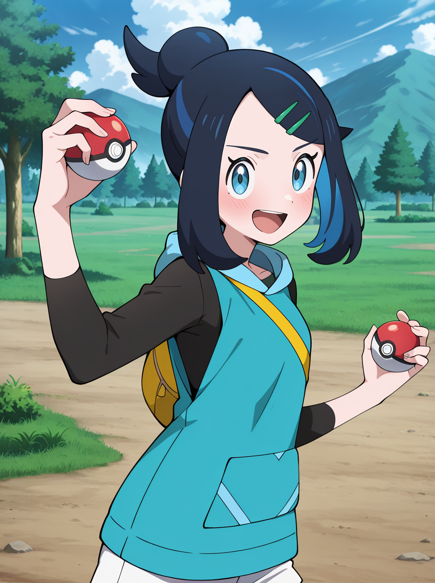 masterpiece, best quality, amazing quality, very aesthetic, absurdres, newest, anime screenshot, anime coloring , <lora:LikoMegaVoltage:1>likomega, 1girl, hair ornament, hairclip, solo, smile, shorts, black hair, white shorts, blue hair, blush, single hair bun holding poke ball,  poke_ball open mouth,  , upper body, looking at viewer,serious  fighting stance, long sleeves,