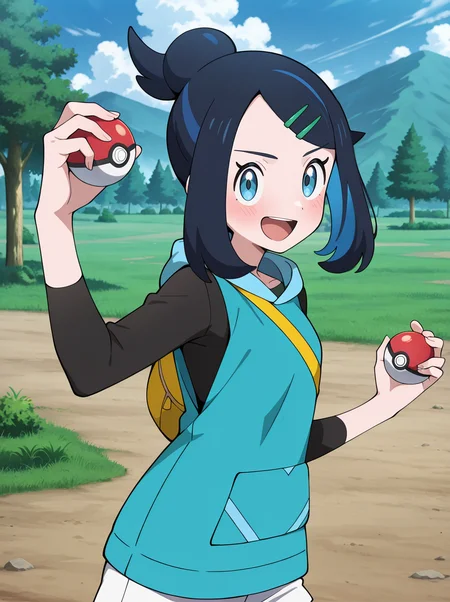 masterpiece, best quality, amazing quality, very aesthetic, absurdres, newest, anime screenshot, anime coloring , <lora:LikoMegaVoltage:1>likomega, 1girl, hair ornament, hairclip, solo, smile, shorts, black hair, white shorts, blue hair, blush, single hair bun holding poke ball, poke_ball open mouth, , upper body, looking at viewer,serious fighting stance, long sleeves,