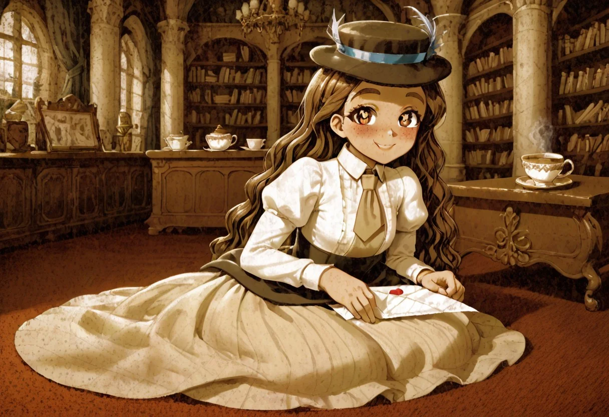 high definition 1girl, solo, franimel, dress, long hair untill hips, brown skin, brown eyes, freckles, blushing, hat, beige tie, soft illumination, full body, victorian library, detailed background, night, sitting down on a red carpet, tea cup on floor, old inkwell on floor, old pen on floor, paper sheets lying around, cute smile, look at viewer, sighing, heart-shaped pupils, love letter, AgedSepiaCE