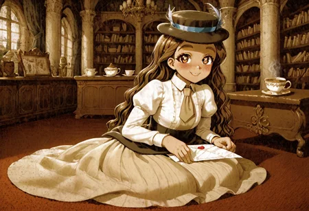 high definition 1girl, solo, franimel, dress, long hair untill hips, brown skin, brown eyes, freckles, blushing, hat, beige tie, soft illumination, full body, victorian library, detailed background, night, sitting down on a red carpet, tea cup on floor, old inkwell on floor, old pen on floor, paper sheets lying around, cute smile, look at viewer, sighing, heart-shaped pupils, love letter, AgedSepiaCE