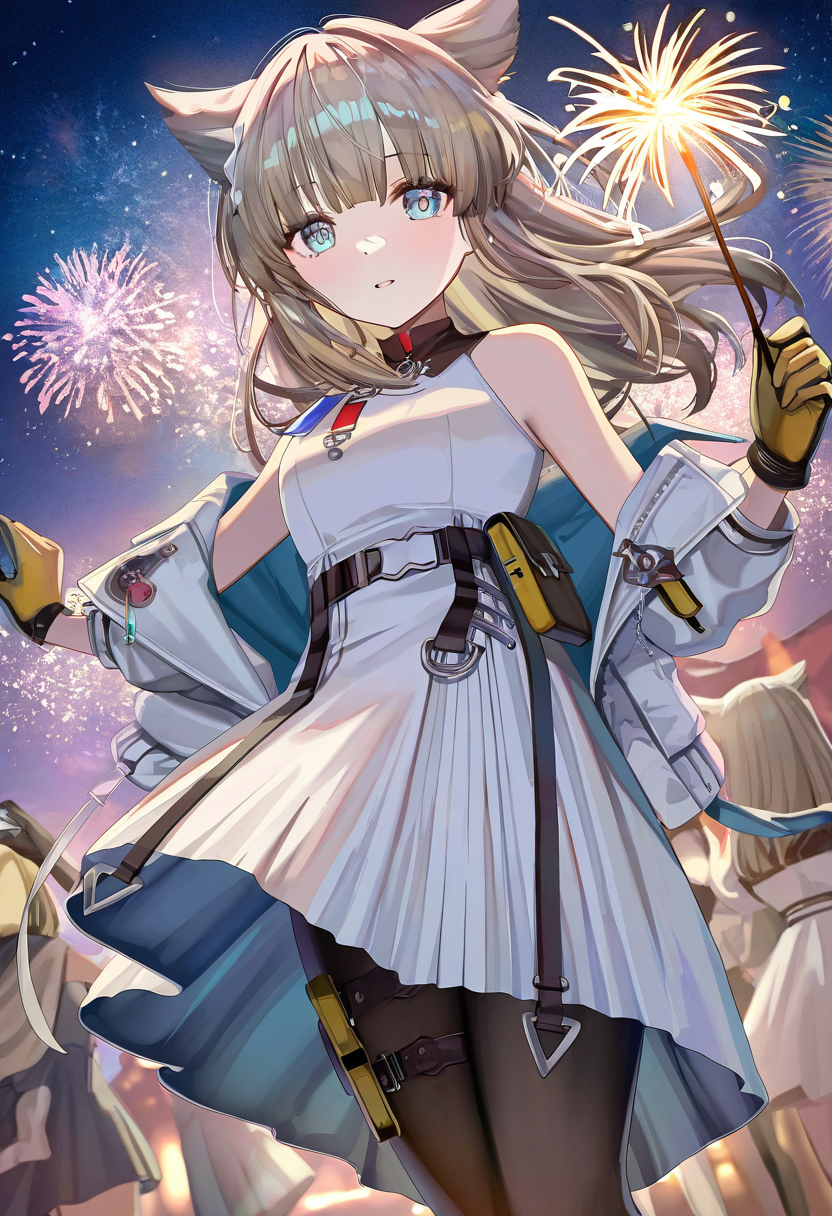 fireworks,perlica_\(arknights\),gloves,dress,holding fireworks,solo focus,animal ears,jacket,multiple girls,sparkler,open jacket,blue eyes,pantyhose,night,long hair,open clothes,white dress,sky,white jacket,parted lips,off shoulder,black pantyhose,breasts,1girl,night sky,bare shoulders,outdoors,sleeveless,aerial fireworks,looking at viewer,cowboy shot,star \(sky\),holding,belt,black gloves,hairband,sleeveless dress,pouch,grey hair,belt pouch,long sleeves,brown hair,starry sky,floating hair,yellow gloves,medium breasts,dutch angle,
torino aqua, ningen mame, 
newest,absurdres,highres,masterpiece,best quality,year 2024,
<lora:peilika_NoobVpred10:1>,