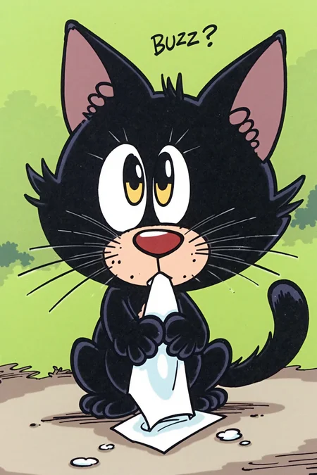 A bande dessinée style image of a captivating cat with large, expressive eyes that convey a sense of innocence and pleading. Its black fur and white muzzle are vividly rendered, adding to its charm. The cat is holding onto a tissue with its small paws. This character is set against a blurred green background, suggesting an outdoor environment. Overall, the image captures the irresistible cuteness. There is a text next to its head "Buzz?"