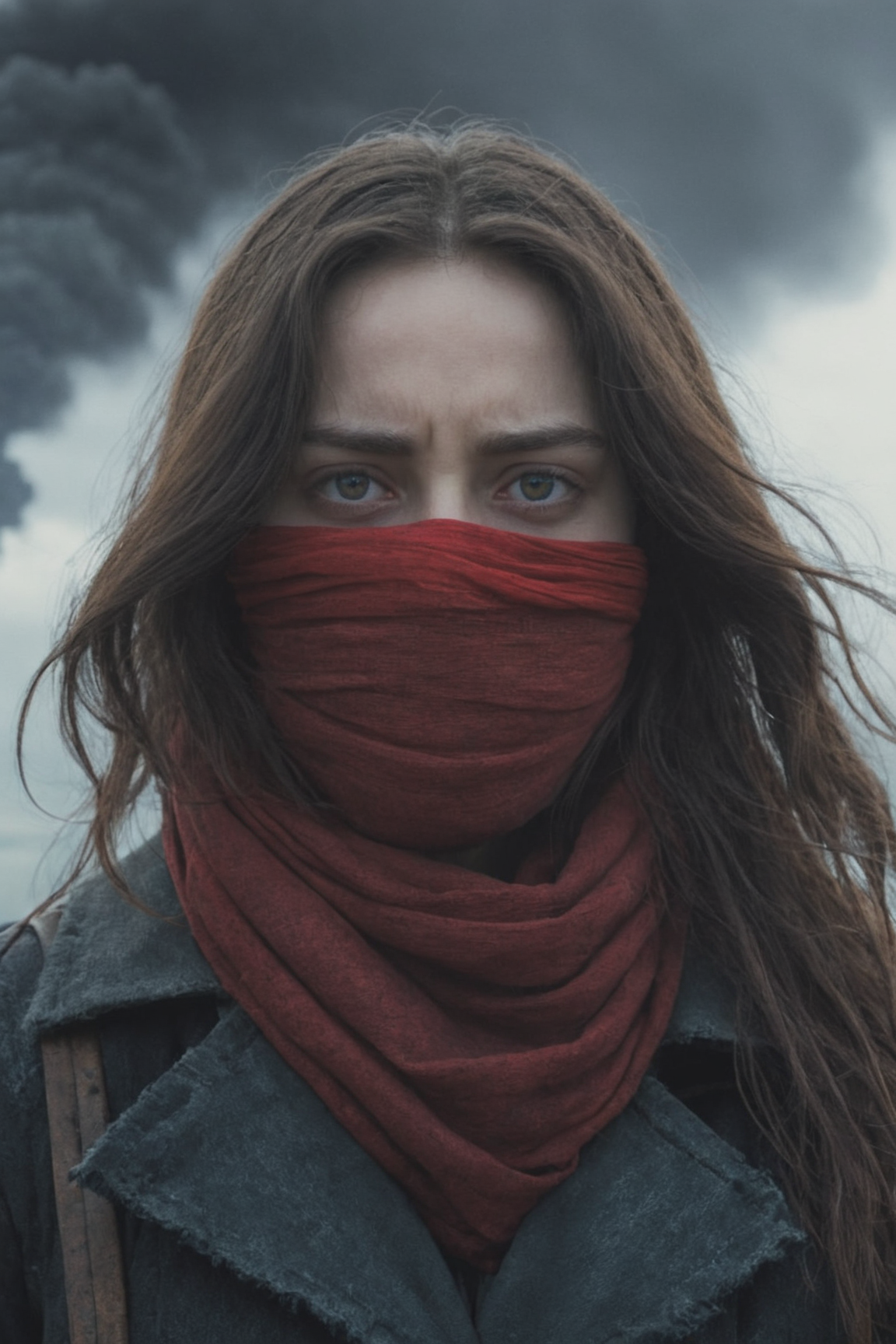 Woman, red scarf on face, character portrait, (mortal engines:1.2), epic photo