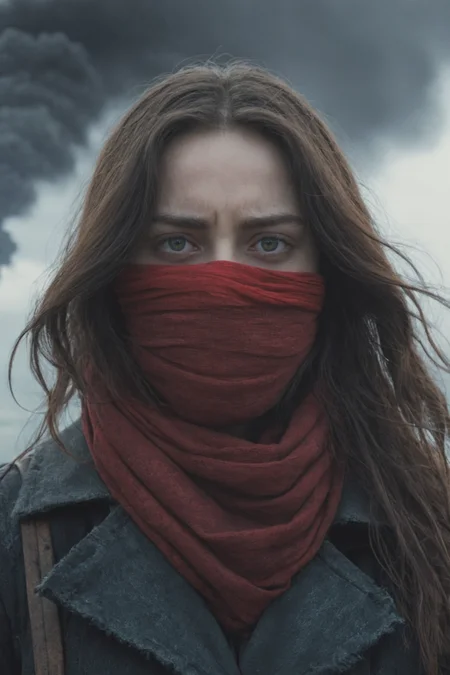 Woman, red scarf on face, character portrait, (mortal engines:1.2), epic photo