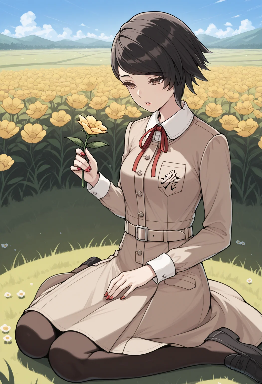 masterpiece, best quality, 1girl, wariza, holding flower, parted lips, looking at object, <lora:YokoSMT-illu:1> yoko, black hair, short hair, asymmetrical hair, swept bangs, brown eyes, brown dress, collared dress, breast pocket, neck ribbon, red ribbon, long sleeves, red nails, medium breasts, belt, black pantyhose, loafers, black footwear, flowers, grass, field, blue sky, landscape
