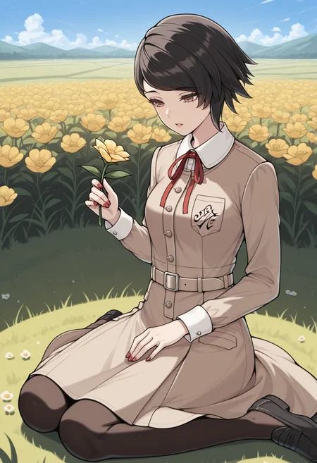 masterpiece, best quality, 1girl, wariza, holding flower, parted lips, looking at object, <lora:YokoSMT-illu:1> yoko, black hair, short hair, asymmetrical hair, swept bangs, brown eyes, brown dress, collared dress, breast pocket, neck ribbon, red ribbon, long sleeves, red nails, medium breasts, belt, black pantyhose, loafers, black footwear, flowers, grass, field, blue sky, landscape