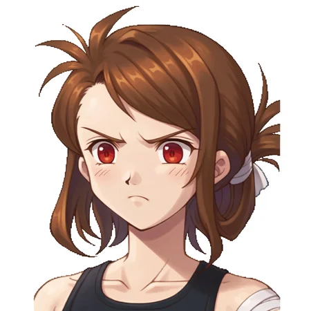 score_9, score_7_up, source_anime, BREAK <lora:zs_SkyPortraitsXL:1> skyportraits, portrait, white background, bandaged arm, sleeveless, black sports bra,, frown, 1girl, red eyes, tsurime, brown hair, medium hair, asymmetrical bangs, swept bangs, flipped hair, folded ponytail, small breasts,