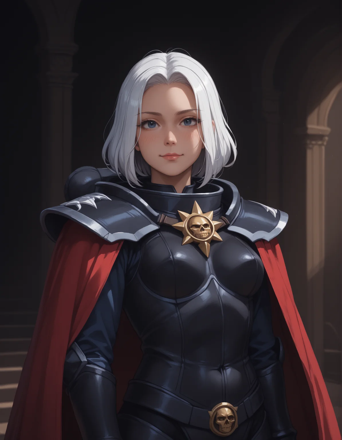 score_9, score_8_up, score_7_up, score_6_up, score_5_up, s1st3rsOB,(s1st3rsBP:1.3),masterpiece, best quality, 1girl, solo, white hair, indoors, small breasts, altar, looking at the viewer, smirk,colorful, vibrant, very aesthetic, red cape