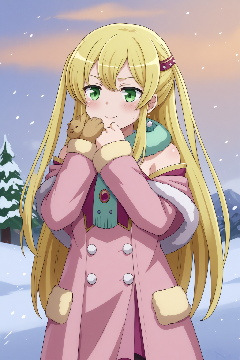 Aphrodite,    winter coat, hairpin, petting an animal, afternoon, foggy, <lora:COMMISSION_Danmachi-Aphrodite-PDXL:0.8>