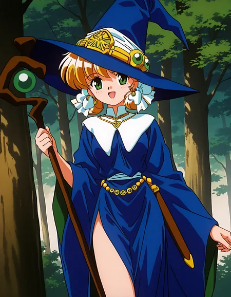 general,highres, ultra-detailed,very aesthetic,best quality ,best hands, BREAK <lora:Mahou_Shoujo_Meruru_IS:1>
Meruru, 1girl,solo, green eyes, witch hat, blonde hair, twintails, short hair, green jewelry, earrings,
breasts, witch, BREAK, open mouth,
smile,looking at viewer, cowboy_Shot, BREAK,
robe, blue dress, staff, white ribbon, necklace, blue headwear, hair ribbon, hair bow,
1990s \(style\),anime coloring,
forest, tree,