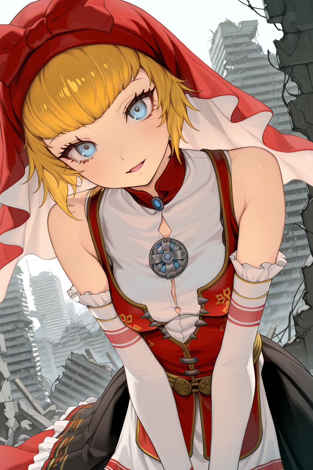 1girl,
IdunnShinMegamiTensei,
general, solo, dutch angle, upper body,
short hair, blonde hair, detailed eyes,
red hood, elbow gloves, 
skirt, 
leaning forward,
looking at viewer, light smile, open mouth, head tilt, arms around back,
tokyo, ruins, building, 
<lora:kp_IdunnShinMegamiTenseiIllustrious_v1_0:1.0>,
masterpiece, best quality, amazing quality