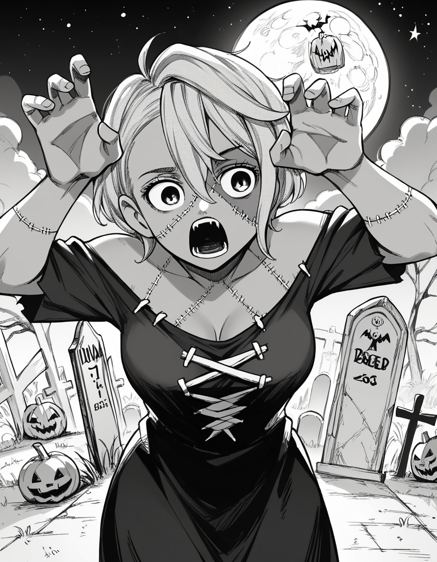 score_9, score_8_up, score_7_up, source_anime, <lora:aira-shiratori-manga-ponyxl-lora-nochekaiser:1>, aira shiratori, monochrome, greyscale, short hair, sidelocks, bangs, hair between eyes, medium breasts,, <lora:zombie-ponyxl-lora-nochekaiser:1>, zombie, colored skin, stitches, grey skin, multicolored skin, stitched face, zombie pose, halloween, halloween costume,, night, moon, graveyard, tombstone, grave, open mouth, , dutch angle, cowboy shot