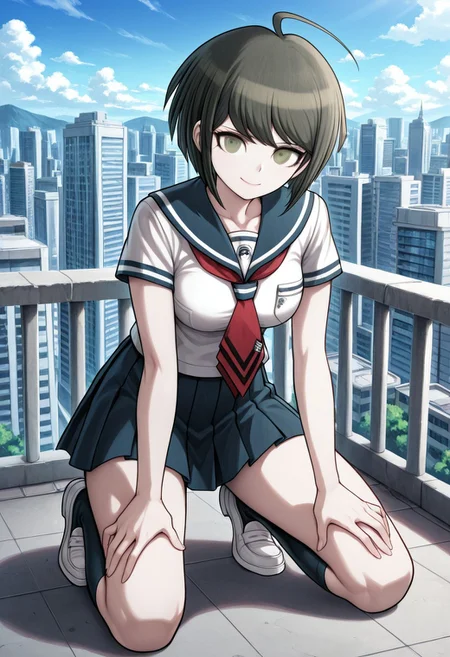 score_9, score_8_up, score_7_up, score_6_up, high resolution, gorgeous, absurdres, best quality, anime screencap, source_anime, official art, 1girl, Komaru Naegi, brown hair, short hair, ahoge, green eyes, large breasts, serafuku, white shirt, blue sailor collar, red necktie, blue skirt, pleated skirt, short sleeves, black kneesocks, white shoes, smile, confident, outdoors, city, daylight, cute pose, solo