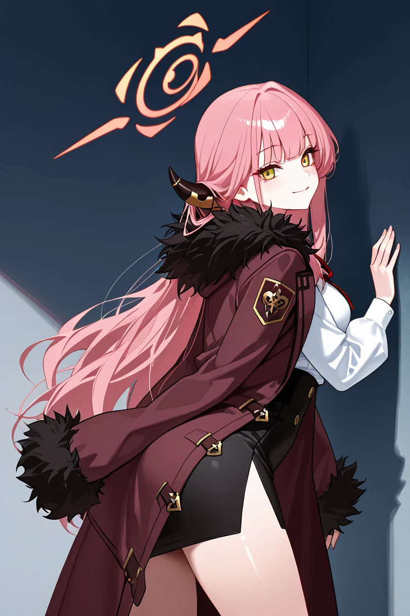 masterpiece, best quality, 1girl, solo, 21 year old model, eyelashes, (beautiful eyes), ,,,zzAru, yellow eyes, pink hair, long hair, demon horns, halo brown coat, white shirt, black skirt, red ribbon, fur-trimmed coat , <lora:AruBlueArchiveIXL:1.0>side view, ass, leaning forward, cowboy shot, smile, looking at viewer, shiny skin,