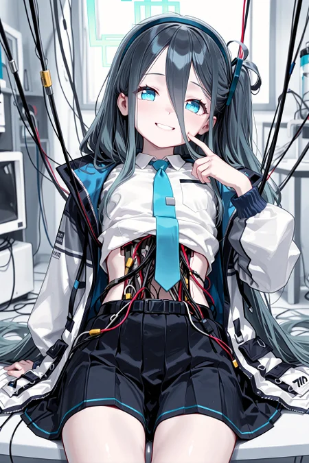 1girl, solo, aris \(blue archive\), safe,
white jacket, shirt lift, skirt, white shirt, belt, necktie,
nervous smile,
sitting, mechanical built-in, android, wire, cable, leaning back, hanging cable, finger to cheek, entangled, cable out,
indoors, laboratory, tube,
cowboy shot, looking at viewer,
masterpiece, best quality, amazing quality, very aesthetic, absurdres, highres, newest, <lora:xl_saturation_slider:0.1>, <lora:illustriousXLv01_stabilizer_v1.164:0.4>, <lora:reduce_wrinkles_illstriouosv0.1_ADDifT_2_in_1_v1.2:0.9>, <lora:mechanicalbuiltinillv1.1:1>,