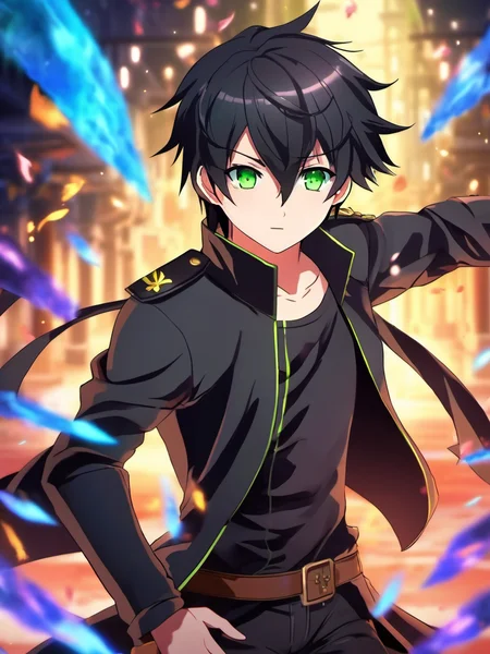 anime artwork <lora:Choi_Kang-rim_v1:0.8>, (anime boy Choi Kang-rim), black hair, green eyes, complex background, dystopia, full shot, wearing a black jacket with black shirt with serious looking, 8k, uhd, (masterpiece, best quality, ultra-detailed, best shadow), black pants, long sleeves, shoulder armor, armor, magic, (detailed background,dark fantasy), depth of field,black light particles . anime style, key visual, vibrant, studio anime, highly detailed