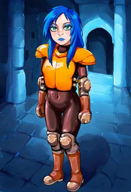 1girl, solo, full body, cowboy shot, standing , looking at viewer, green eyes, angular face, shag, deep blue hair, black bodysuit, orange breastplate, orange shoulders armor, knee pads, elbow pads
, brown gloves, makeup, inside of abandoned mansion, boots, <lora:Kylie_GriffinPony_64V3:1>, <lora:lozhkin_pony:1>