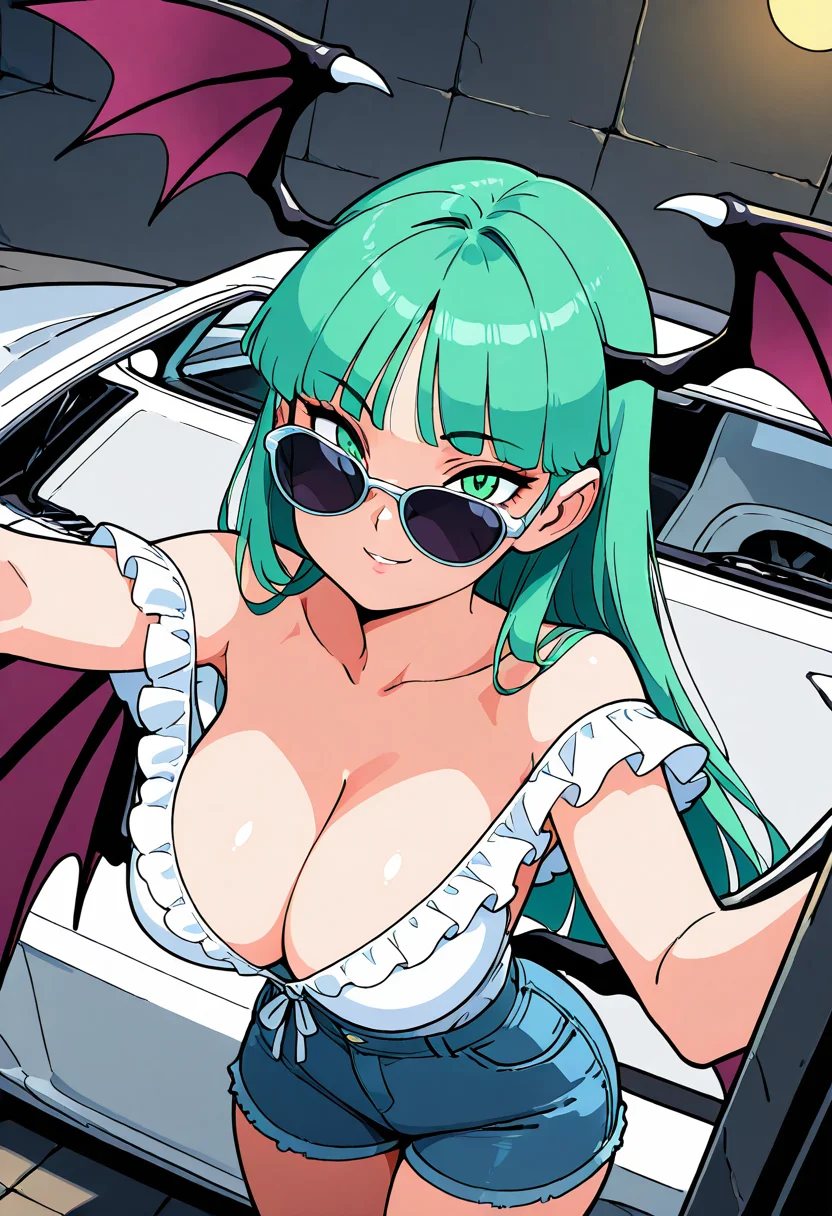 masterpiece, best quality, solo, curvy, beautiful eyes, narrow waist, wide hips, 1girl, solo, smile, looking at viewer, dynamic angle, foreshortening, close up,     zzMorrigan, green eyes, green hair, long hair, blunt bangs, head wings,  bat wings, low wings,  ,<lora:MorriganAenslandCSV_IXL_v1:0.8>,  [Convertible Car Girl], casual white button-up blouse tucked into high-waisted denim shorts, oversized sunglasses, wind-swept hair, standing beside a luxurious silver convertible sports car with the top down, one hand on the carâs door, laughing with the wind in her hair, parked on a sunny beach road,
