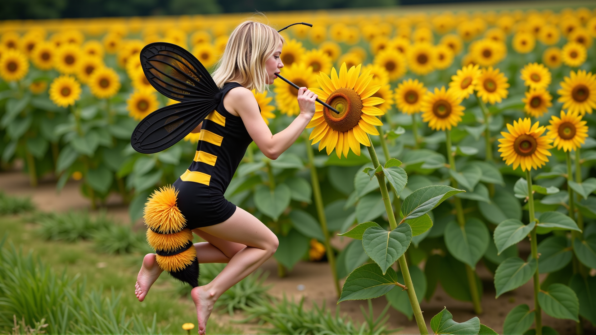 cinematic photo a (25 year old girl:1.5), she has huge bee wings attached to her back and bee antennae attached to her head, she's wearing a( black and yellow:1.2) horizontally striped figure hugging lycra minidress, the dress has a human sized (fuzzy bee abdomen attached sticking out at the butt:1.3)
she has blonde hair in a bob cut, she has a slim figure and long legs, she has medium sized breasts
she's hovering in midair in front of a enormous flower, the flower is bigger than the girl, ready to drink it's nectar through a long straw, the straw is held in her hand with the end (stuck into the flower:1.3)
she's in a meadow of enormous wild flowers,, score_9, score_8_up, score_7_up, hyperdetailed, hyperrealistic,  best quality, (masterpiece:1.3),high-definition, intricate details, volumetric lighting, symmetrical face, level eyes, . 35mm photograph, film, bokeh, professional, 4k, highly detailed