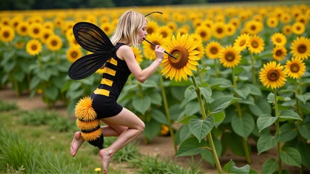 cinematic photo a (25 year old girl:1.5), she has huge bee wings attached to her back and bee antennae attached to her head, she's wearing a( black and yellow:1.2) horizontally striped figure hugging lycra minidress, the dress has a human sized (fuzzy bee abdomen attached sticking out at the butt:1.3)
she has blonde hair in a bob cut, she has a slim figure and long legs, she has medium sized breasts
she's hovering in midair in front of a enormous flower, the flower is bigger than the girl, ready to drink it's nectar through a long straw, the straw is held in her hand with the end (stuck into the flower:1.3)
she's in a meadow of enormous wild flowers,, score_9, score_8_up, score_7_up, hyperdetailed, hyperrealistic, best quality, (masterpiece:1.3),high-definition, intricate details, volumetric lighting, symmetrical face, level eyes, . 35mm photograph, film, bokeh, professional, 4k, highly detailed
