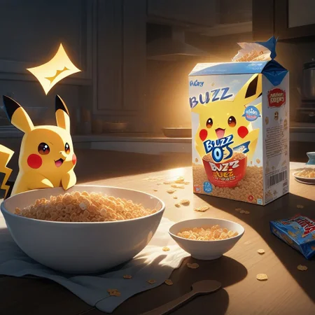 Buzz, adorable, ((official art)), (best quality:1.3), (masterpiece:1.3), (detailed:1.2), HD, distinct image, empty cereal box, rim lighting, buzz, kid's cereal box, dining table, morning, (text: "BUZZ-O's"), (empty bowl), spilt cereal, Pikachu, cereal bowl on head,