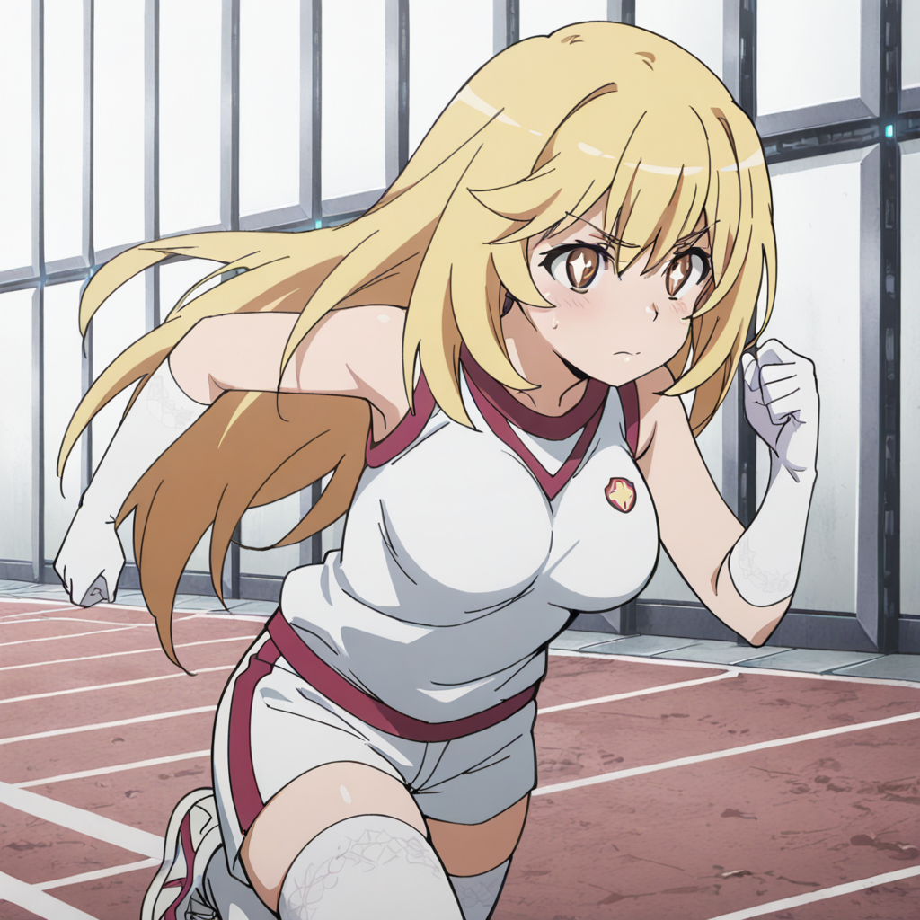 nsfw, masterpiece, best quality, amazing quality,1girl, solo, index_railgun_shokuhou_misaki, running, symbol-shaped pupils, + +, blonde hair, shorts, long hair, white gloves, gym uniform, gym shirt, white sleeveless shirt, brown eyes, white shorts, elbow gloves, gym shorts, closed mouth, thighhighs, <lora:Shokuhou_Misaki_-_Index_Railgun:0.7>
