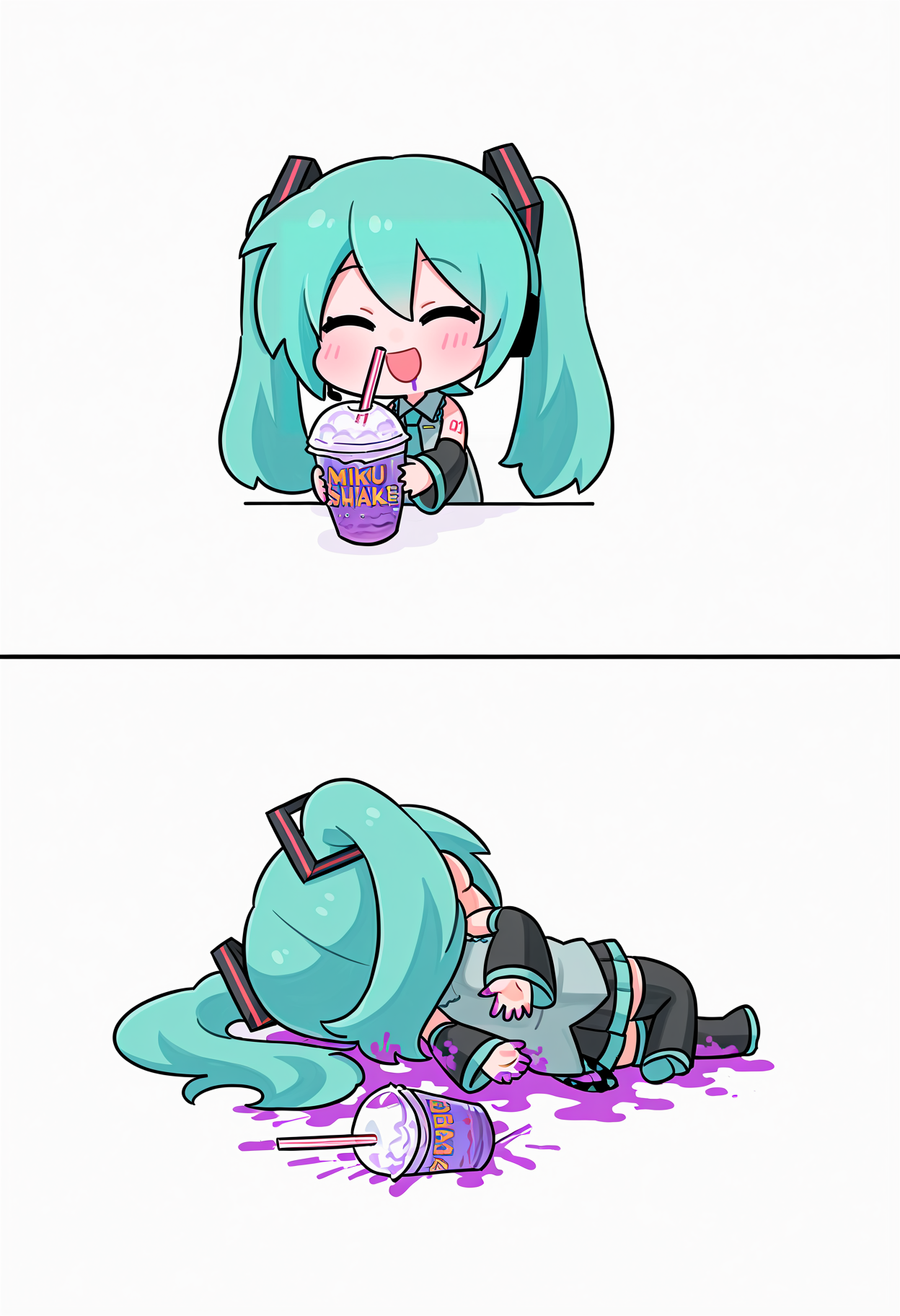 masterpiece, high quality, best quality, after grimace shake, grimace shake (meme), 2koma, before and after, comic, white background, simple background,
BREAK
1girl, hatsune miku, chibi, holding, disposable cup, purple liquid, drinking straw, smile, open mouth,
BREAK
1girl, hatsune miku, chibi, drinking straw, purple blood, purple liquid, disposable cup, death, full body, from behind, lying, on side, facing away, arms behind back, knee up,
<lora:After_Grimace_Shake-000008:1>, <lora:meme_familyguydeathpose_illustriousXL:1>