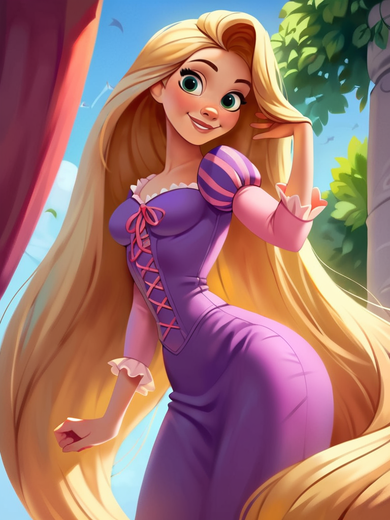 score_9, score_8_up, score_7_up, score_6_up, RapunzelWaifu in a balcony in the top of a tower, leaning forward, cute pose, medium breasts, narrow waist, wide hips, thick thighs, smile, blue eyes, purple dress, puffy sleeves, very long hair, blonde, green eyes, anime style, looking at viewer, cute, detailed landscape, cowboy shot, cartoon, 4k, masterpiece, 
 <lora:RapunzelPonyXL_character:0.7>