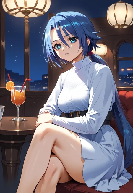 zPDXL3, score_9_up, score_8_up, score_7_up, (Anime_source), 1girl, Zoe, blue eyes, blue hair, long hair, low ponytail, (dress), crossed leg, cowboy shot, looking at viewer, parted lips, from side, luxurious restaurant, night, relax atmosphere, table, cocktails,
