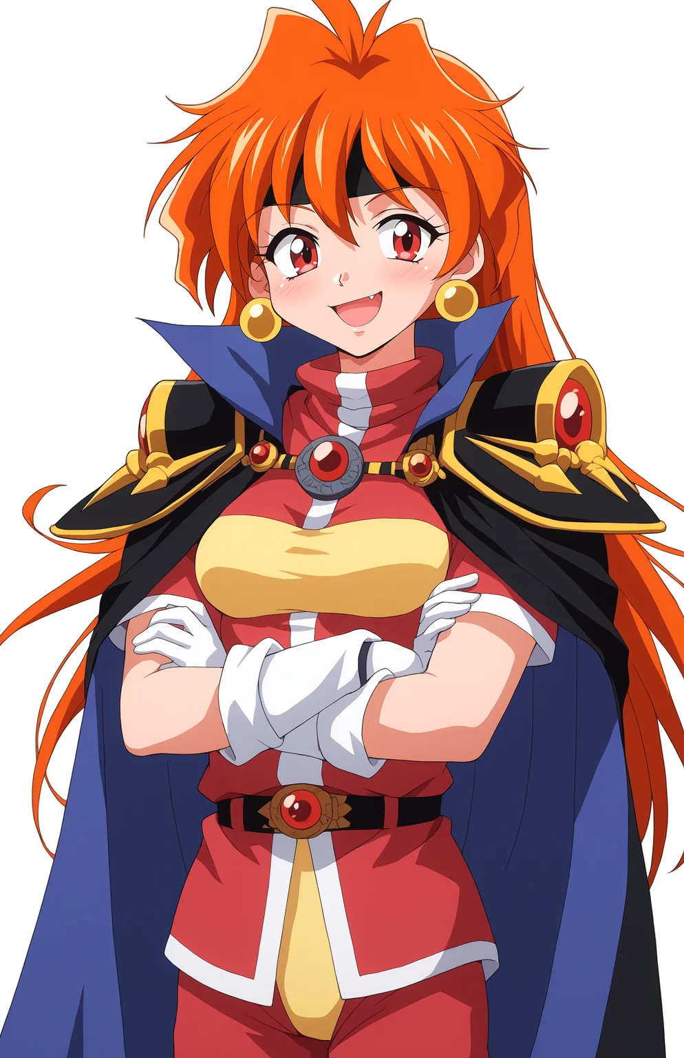 score_9, score_8_up, score_7_up, score_6_up, BREAK, source_anime, rating_explicit, best quality, masterpiece,detailed background,
1boy, child, solo, Kotetsu Oosawagilina inverse, retro artstyle, 1990s (style), 1girl, orange hair,long hair, BIG EYES, big mouth, red eyes, fang, earrings, jewelry, WHITE gloves, headband, turtleneck, short sleeves,black shoulder armor, cape, RED pants, belt, yellow underwear on pant , medium breasts, crossed arms,
,looking at viewer, simple background, white background, <lora:Lina_Inverse_Culty_PONYXL_r1:1>, blush, smug, happy,