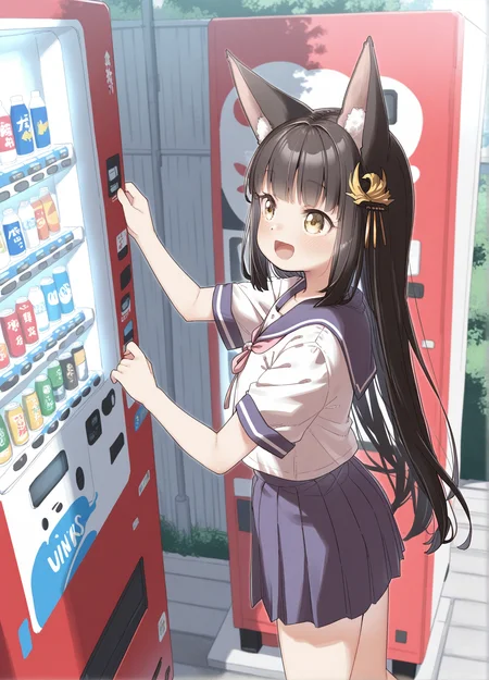 <lora:nagato_IL_v1.0:1>,nagato \(azur lane\),hair ornament,serafuku,pleated skirt,short sleeves,solo,(yukie_(kusaka_shi):0.7),outdoors,:d,vending machine,, masterpiece,best quality,