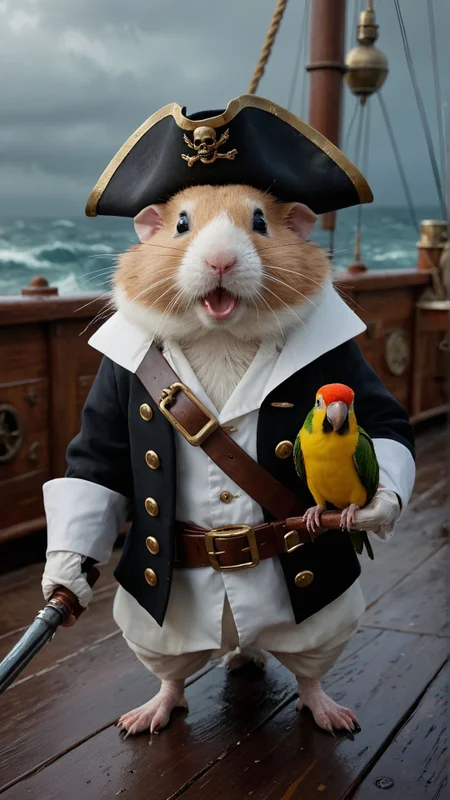 A fierce pirate captain with a tricorne hat and an eyepatch, standing on the deck of a ship during a storm, holding a cutlass, with a parrot on his shoulder A mad scientist hamster in a tiny lab coat, conducting bizarre experiments with miniature beakers and test tubes in a secret lab hidden inside a hamster wheel
Ultra realistic, professional photo, uhd, 8k
<lora:add-detail-xl:1>
<lora:CinematicStyle_v1:0.7>
OverallDetailXL