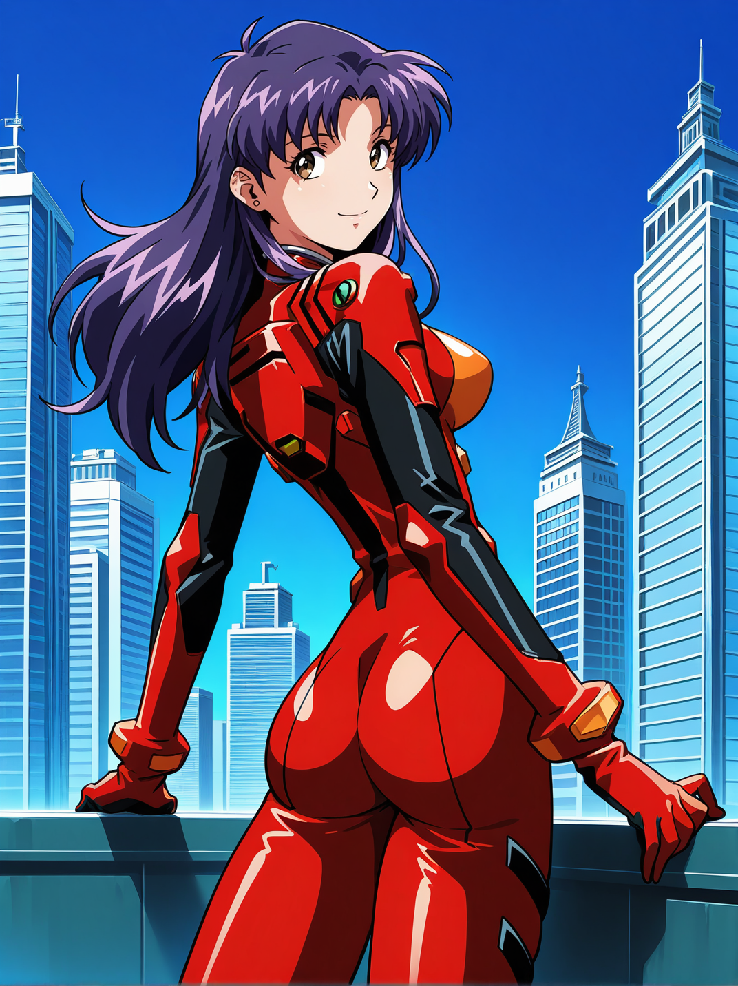 general,highres, ultra-detailed,very aesthetic,best quality ,best hands ,BREAK,
<lora:Yamashita_Toshinari_style_Illustrious_FW:1>, 1girl, katsuragi misato, red plugsuit, skindentation,  dynamic pose,  cowboy shot, looking back, , smile,  mega city , futuristic metropolis, ytfw