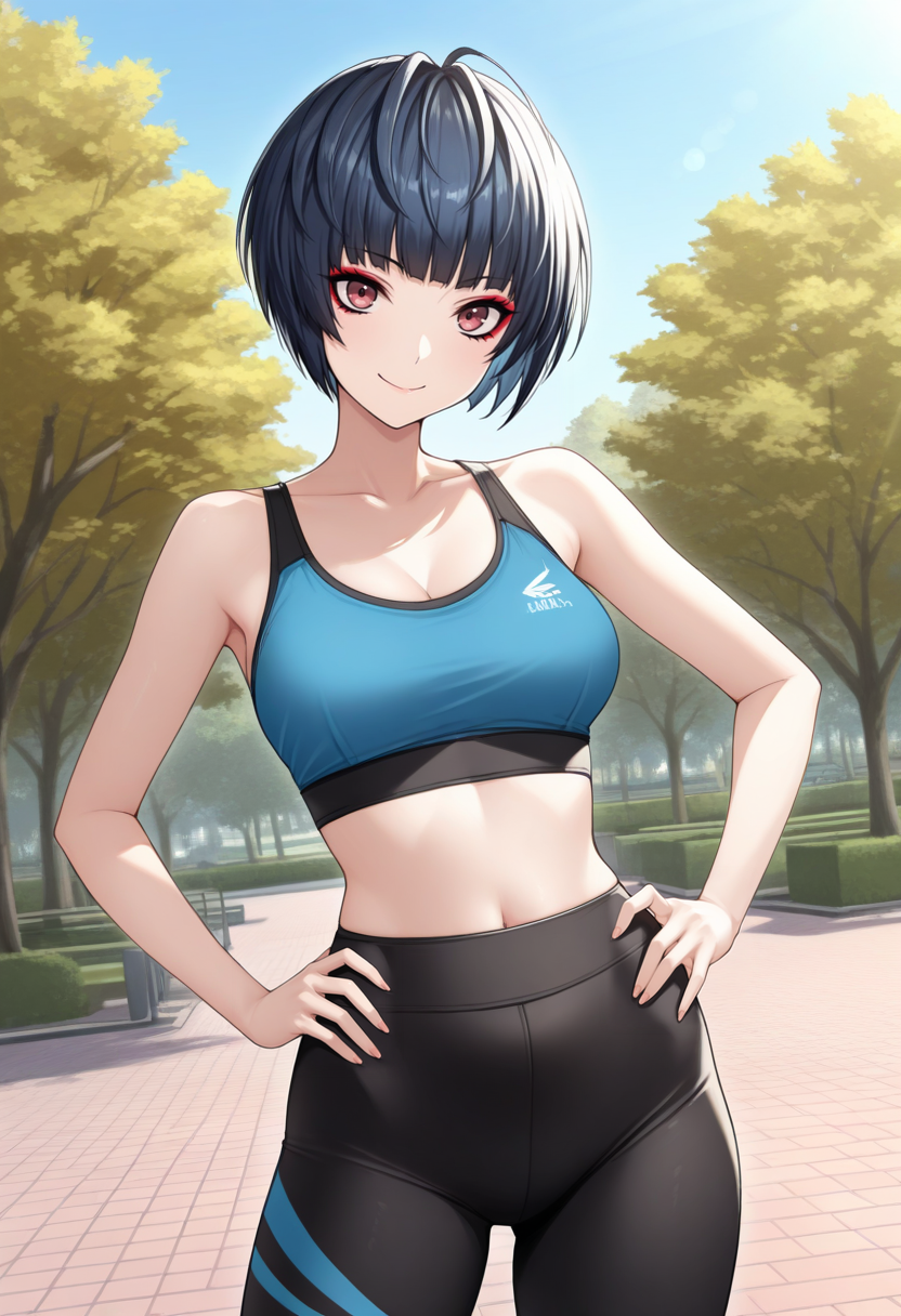 masterpiece, best quality, 1girl, solo, looking at viewer, cowboy shot, smile, park, blue sky hands on hips
blue sports bra, black yoga pants
 <lora:zs_TakemiILLU:1> t4k3mip5, short hair, black hair, blue hair, makeup, eyeliner,