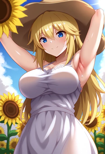 [score_9, score_8_up, score_7_up, score_6_up, score_5_up, score_4_up::0.2], 
refraction, caustics, rim lights, backlighting, bloom, 
BREAK
day, outdoors, sky, flower field, sunflower, sunflower field, sunset, scenery, 
BREAK
1girl, blonde hair, hair between eyes, long hair, blue eyes, light smile, 
sunhat, sundress, (see-through silhouette:0.7), 
large breasts, armpits, wide hips, thighs, 
arms behind head, shiny skin, (sweat:0.7), 
pose, perspective, dutch angle, upper body, 
<lora:KonnoTohiro-P3v1-PDXL:1>